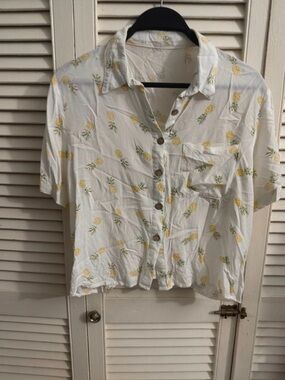 White Pineapple-Print Button Front Women’s Top